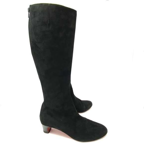 CHRISTIAN LOUBOUTIN TALL KNEE HIGH LOW HEELS RIDING BOOTS BLACK SUEDE SZ 6.5 - Picture 3 of 15